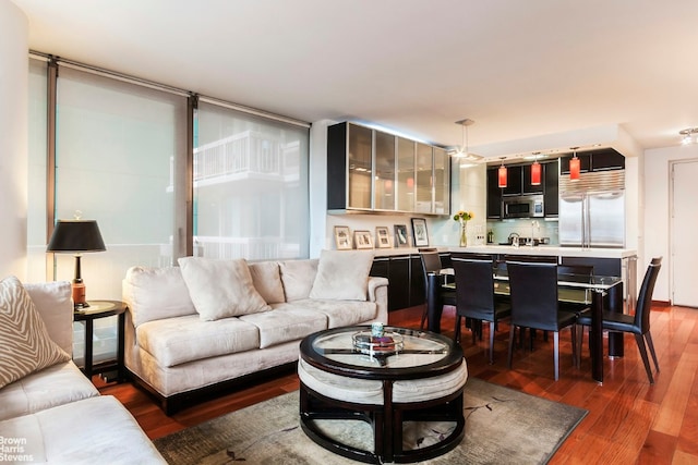 living room featuring dark wood-type flooring