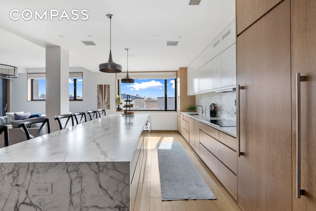 kitchen featuring a large island, tasteful backsplash, light wood-style floors, a sink, and modern cabinets