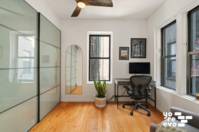 office with hardwood / wood-style floors and a healthy amount of sunlight