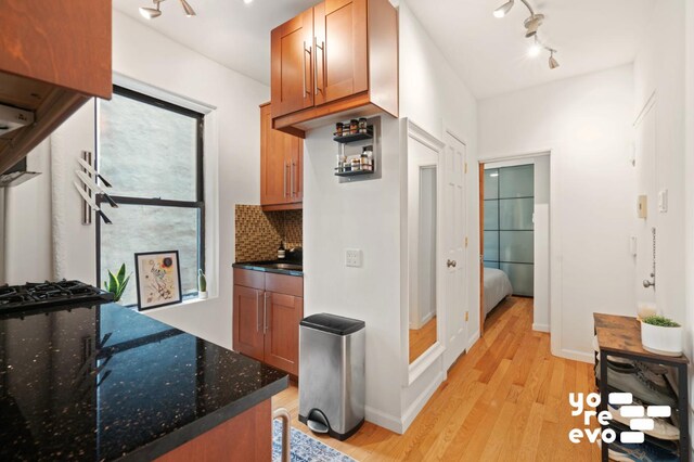 kitchen featuring backsplash, stainless steel appliances, and light hardwood / wood-style floors