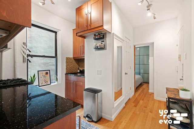 interior space featuring tasteful backsplash, dark stone counters, and light hardwood / wood-style flooring