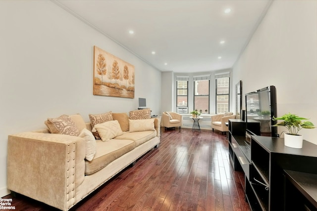 living room with ornamental molding, dark wood-type flooring, radiator heating unit, and recessed lighting