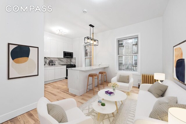 living room with an inviting chandelier, light hardwood / wood-style flooring, and radiator heating unit