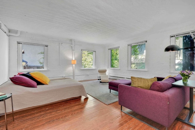 bedroom featuring wood-type flooring, baseboard heating, and a textured ceiling