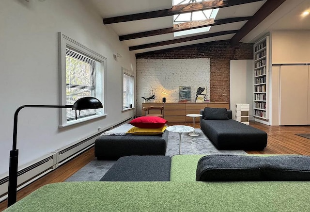 living area with lofted ceiling with beams, built in shelves, wood finished floors, and brick wall