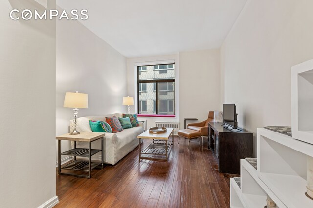 living room with radiator, baseboards, and hardwood / wood-style floors