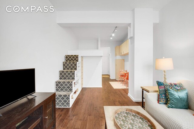 living area featuring dark wood-type flooring and track lighting