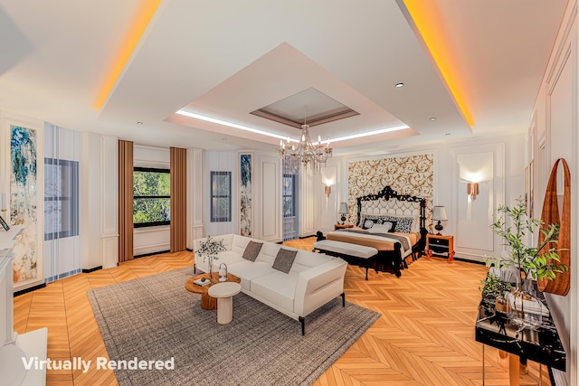 318 W 75th St, New York City, NY 10023 - bedroom with a raised ceiling, a chandelier, and a decorative wall