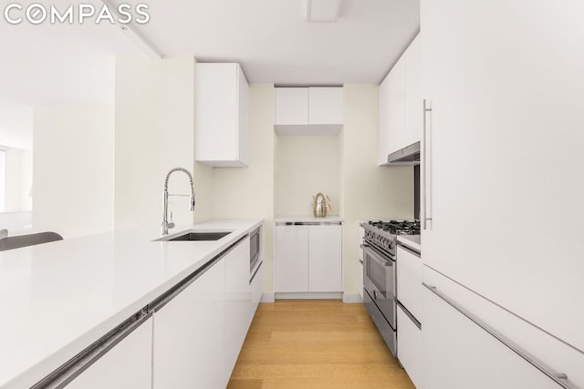 kitchen featuring appliances with stainless steel finishes, sink, white cabinets, and light hardwood / wood-style flooring