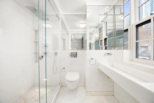 bathroom featuring walk in shower, tile walls, toilet, and crown molding