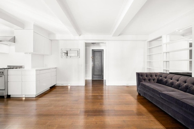 living room featuring beam ceiling and dark hardwood / wood-style floors