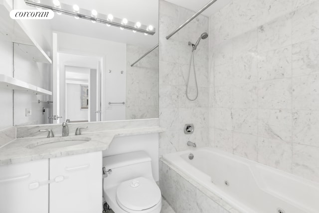 full bath with tub / shower combination, visible vents, toilet, and vanity