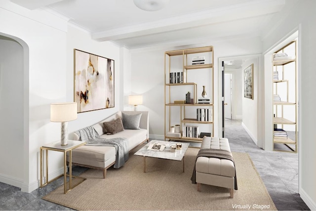 living room featuring arched walkways, baseboards, beam ceiling, and crown molding