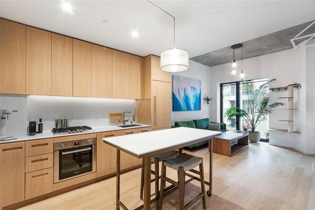 kitchen featuring a sink, light countertops, appliances with stainless steel finishes, light wood finished floors, and modern cabinets