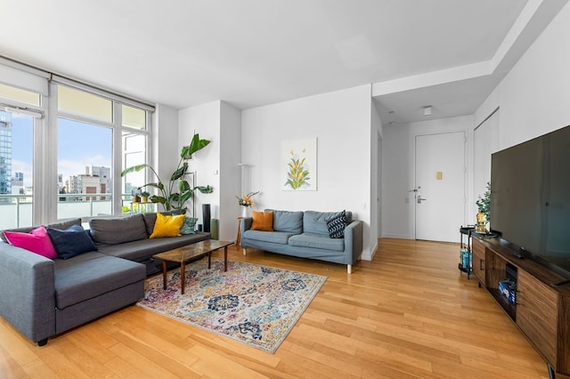 living room featuring a wall of windows and light wood-type flooring