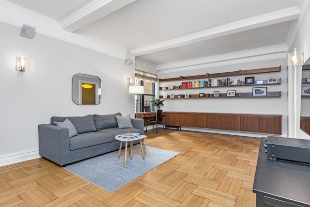 living room featuring beam ceiling, light parquet floors, and ornamental molding