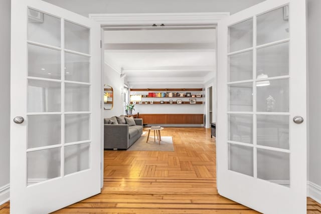 hallway with french doors and parquet floors