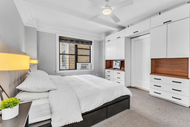 bedroom featuring ceiling fan, carpet, and cooling unit