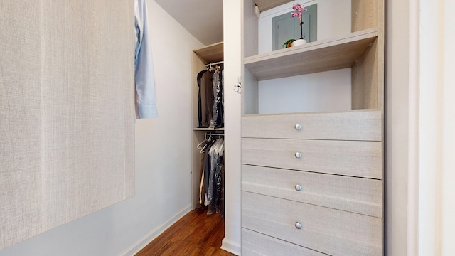 walk in closet with dark wood-style floors