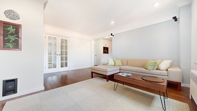 bedroom with french doors and ornamental molding