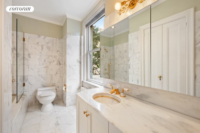 bathroom with toilet, tile walls, walk in shower, crown molding, and vanity