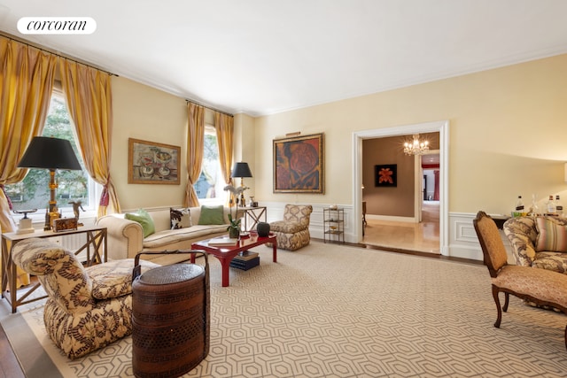 living room with a chandelier