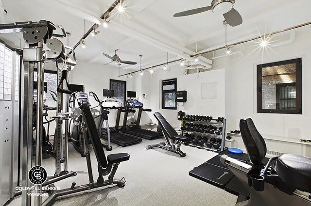 exercise room featuring a ceiling fan and track lighting