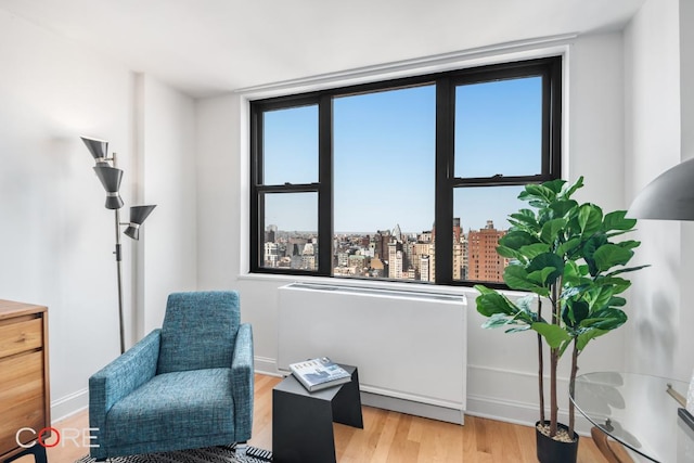 living area featuring baseboards, a city view, light wood-style flooring, and radiator heating unit