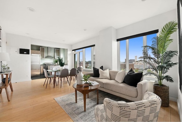 living room featuring light wood-type flooring, baseboards, and a city view