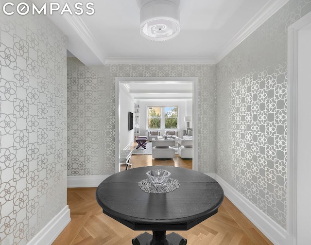 hallway featuring parquet flooring and ornamental molding