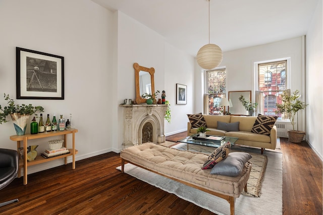 living room featuring a fireplace, baseboards, and wood finished floors