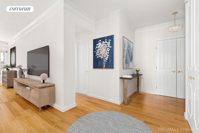 hallway with wood-type flooring and crown molding