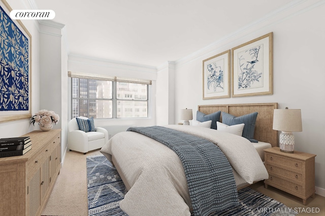 carpeted bedroom with ornamental molding