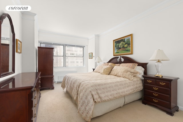 bedroom featuring light carpet, radiator heating unit, and crown molding