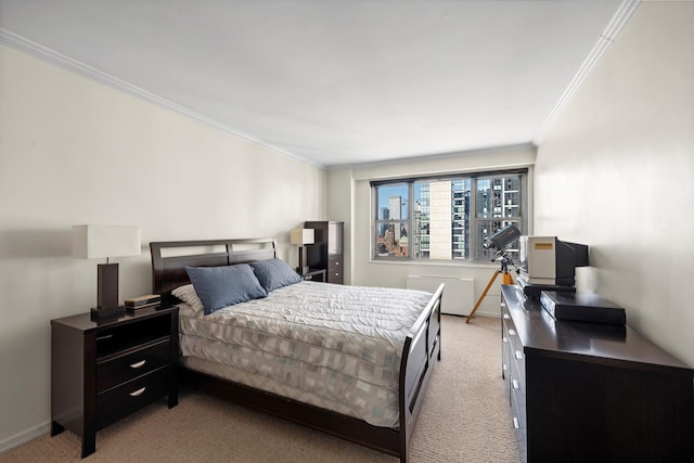 bedroom featuring baseboards, ornamental molding, and light colored carpet