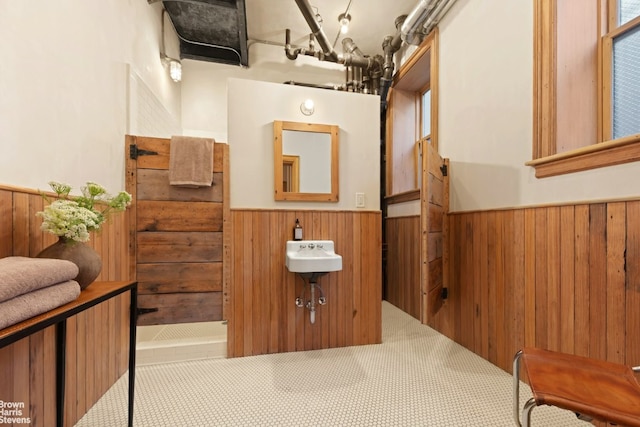 bathroom with wood walls