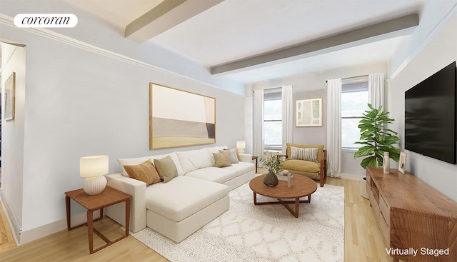 living room featuring wood-type flooring and beam ceiling