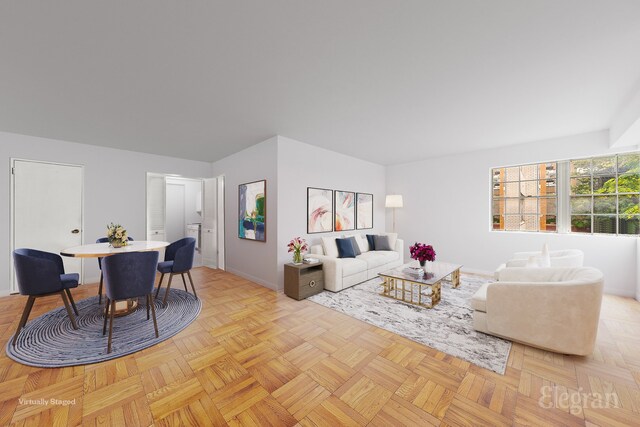 living room featuring light parquet flooring