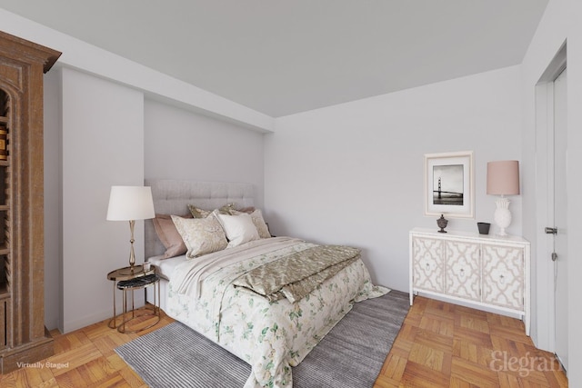 bedroom featuring light parquet flooring