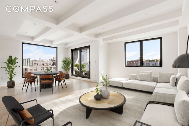 living area with light wood-style floors, baseboards, coffered ceiling, and beamed ceiling