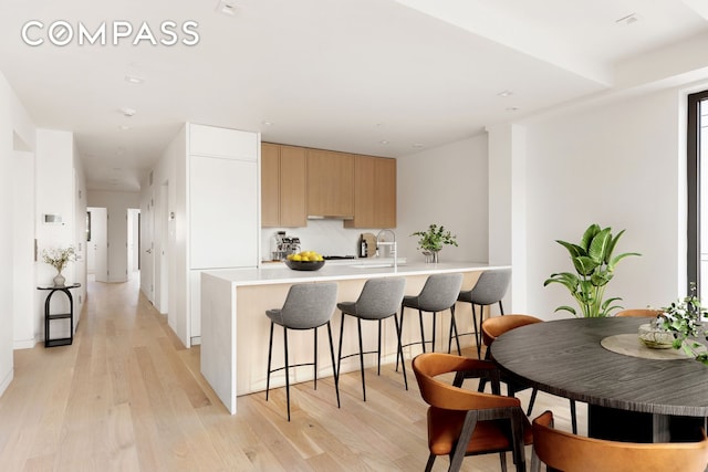 kitchen with a peninsula, light wood-type flooring, modern cabinets, and light countertops