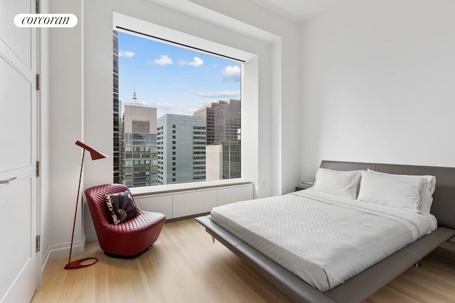 bedroom featuring multiple windows and light wood-type flooring