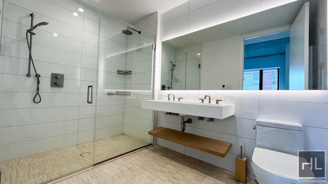 bathroom featuring walk in shower and toilet