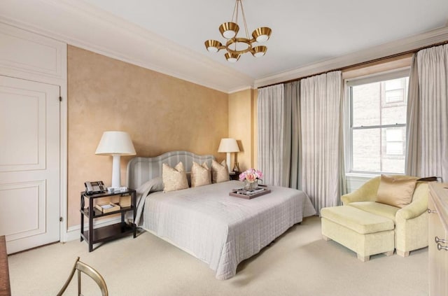 carpeted bedroom with ornamental molding and an inviting chandelier