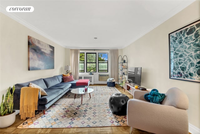 living room with parquet flooring and ornamental molding