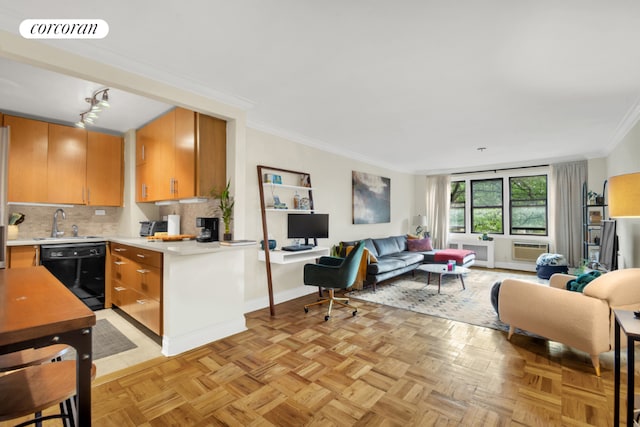 kitchen featuring sink, ornamental molding, dishwasher, light parquet flooring, and decorative backsplash