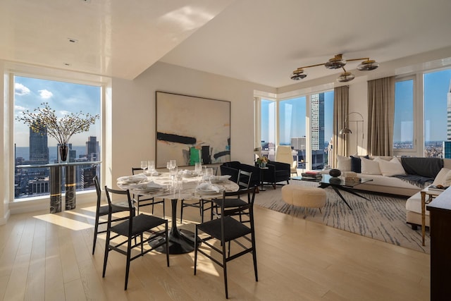 dining room featuring light wood-style floors, a view of city, and a ceiling fan