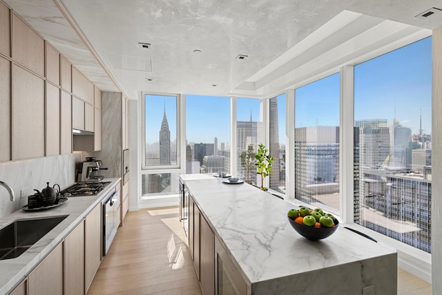 kitchen with plenty of natural light, a view of city, a sink, and light wood-style flooring