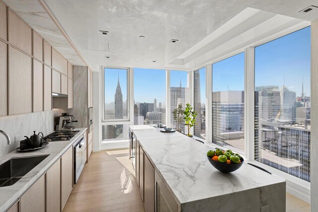 kitchen with a skyline view, a sink, light wood-style floors, and a center island