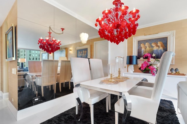 dining area with ornamental molding and a notable chandelier